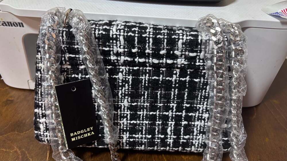Badgley Mischka Black and White Tweed Chain Shoulder Bag